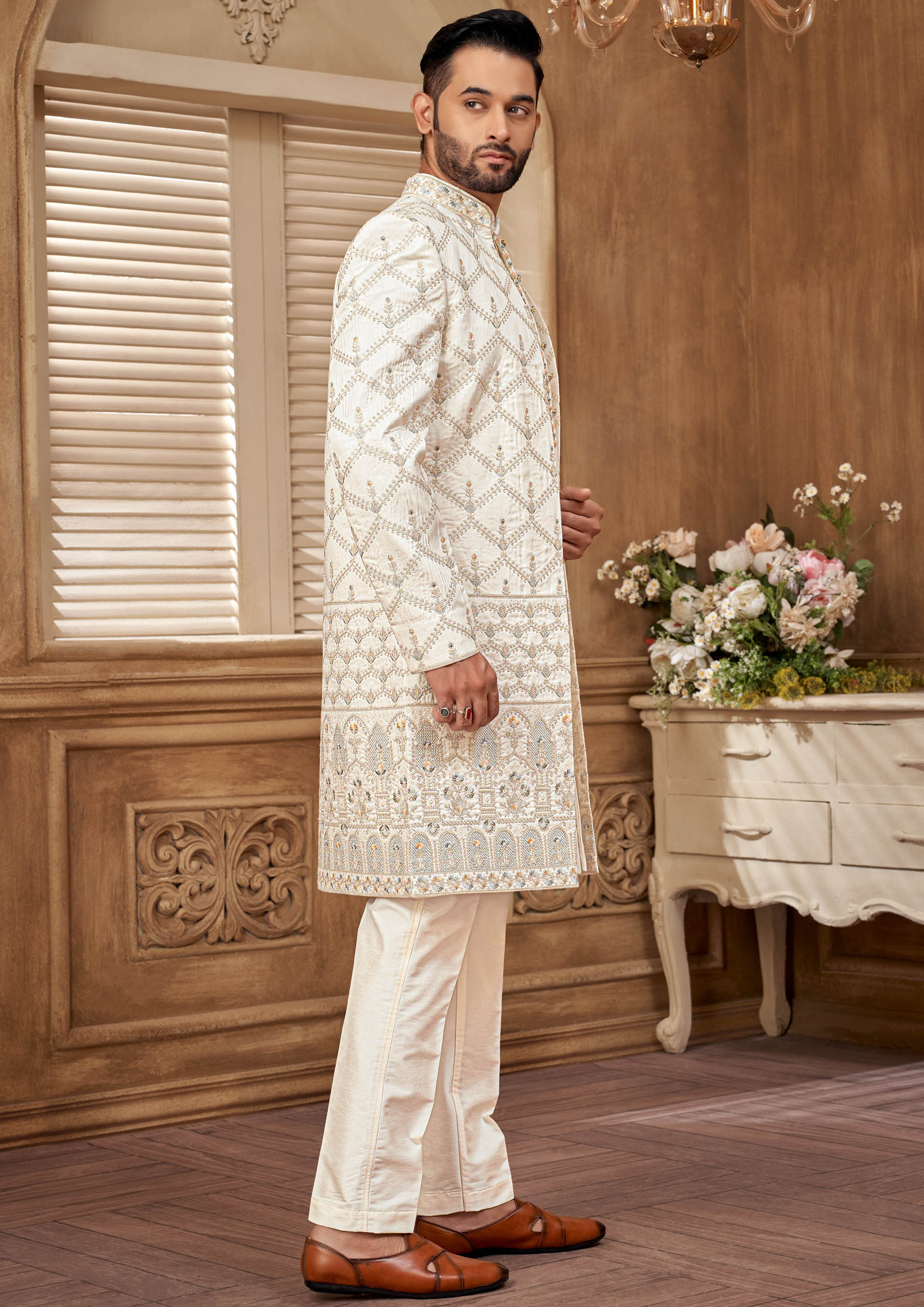 Elegant Indo-Western Men's Kurta Set with Gold Embroidery